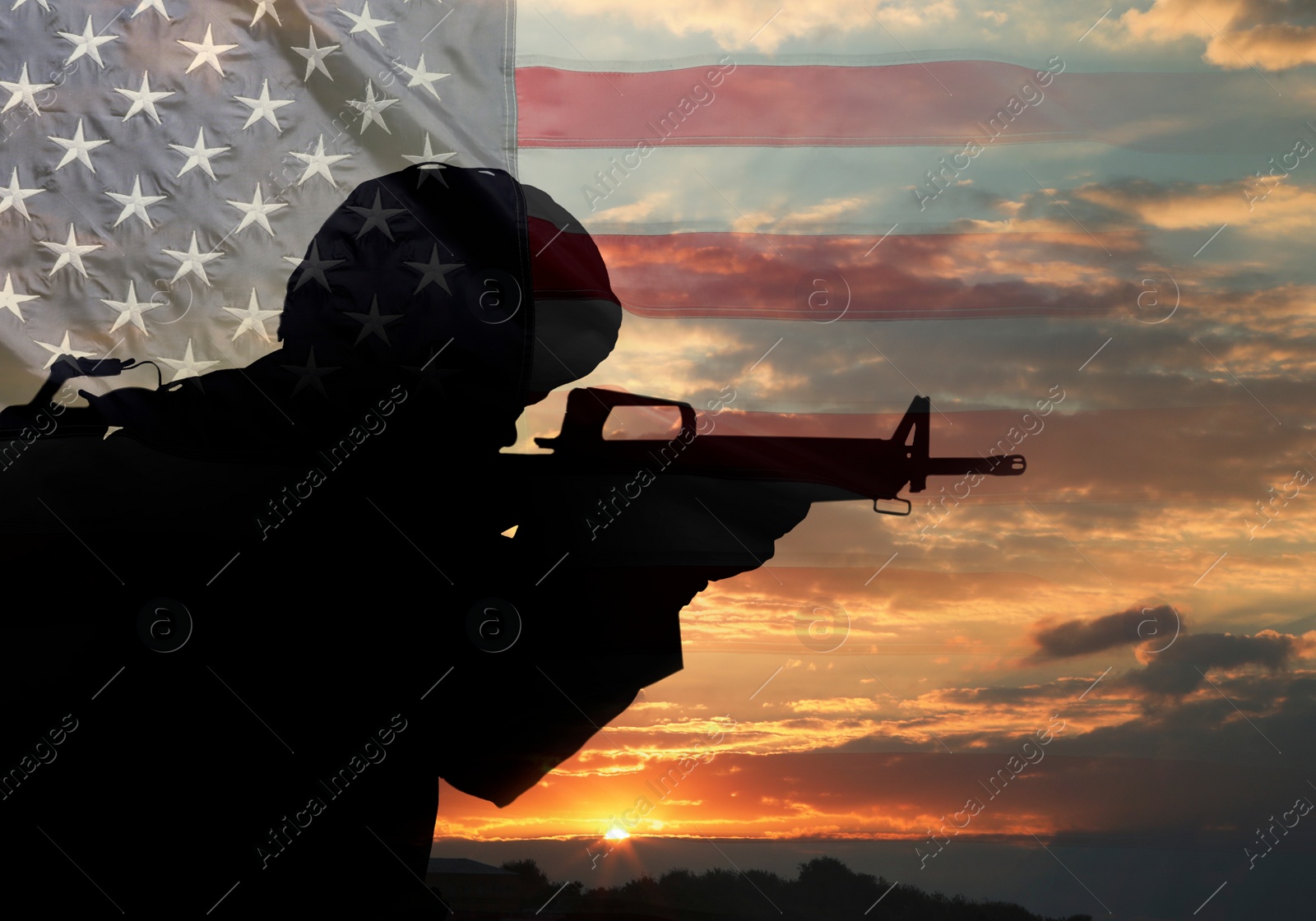 Image of Veterans Day. Silhouette of military man on sunset outdoors and flag of USA, double exposure