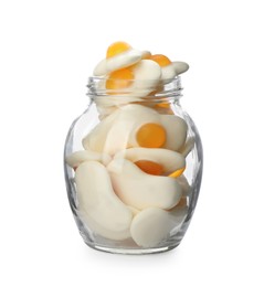 Jar with jelly candies in shape of egg on white background