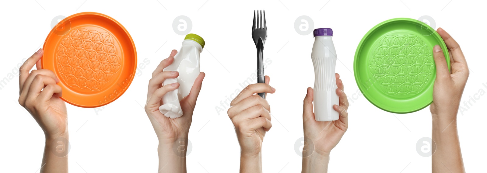 Image of Collage with photos of women holding different plastic things on white background, closeup. Banner design