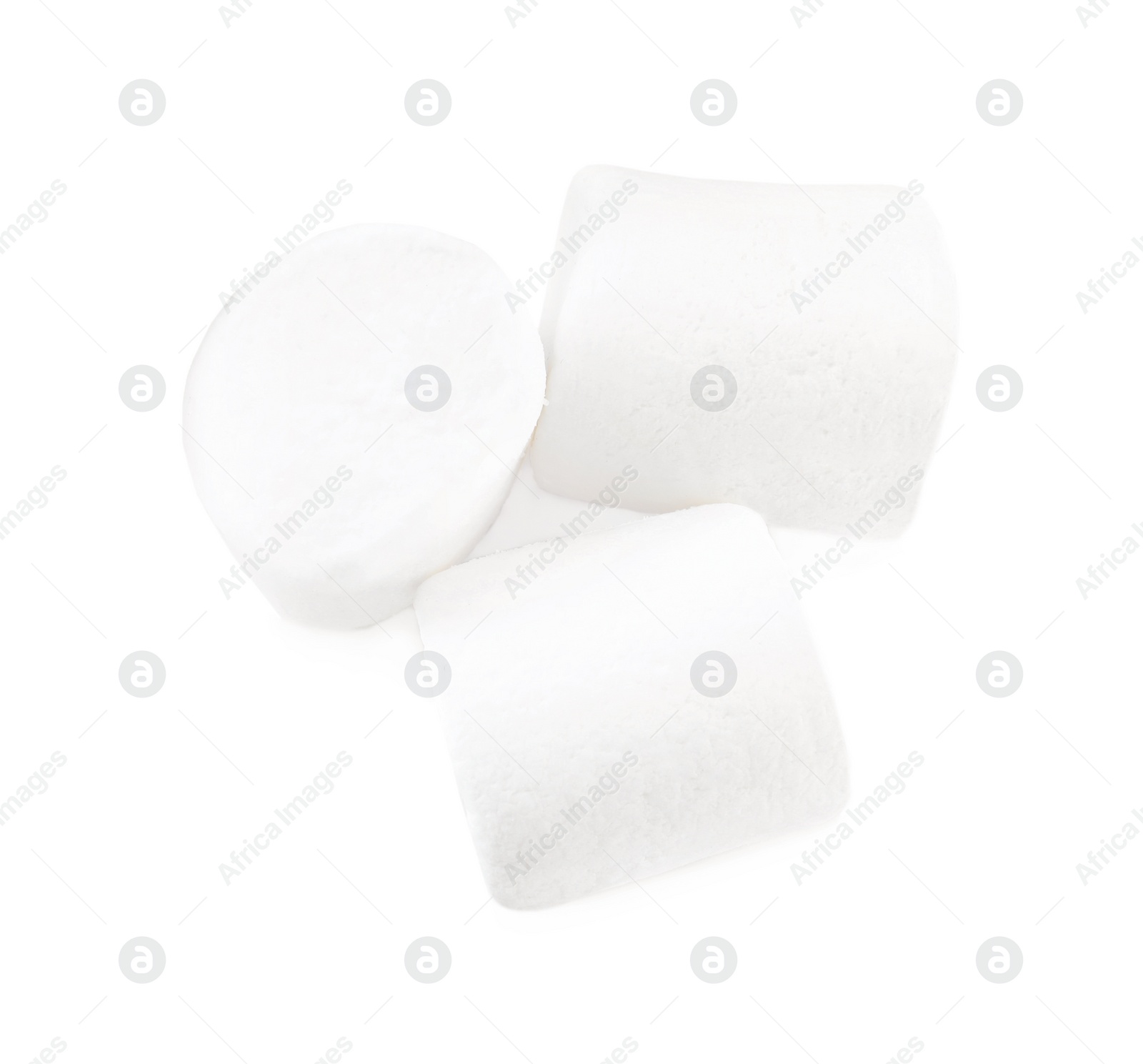 Photo of Delicious puffy marshmallows on white background, top view