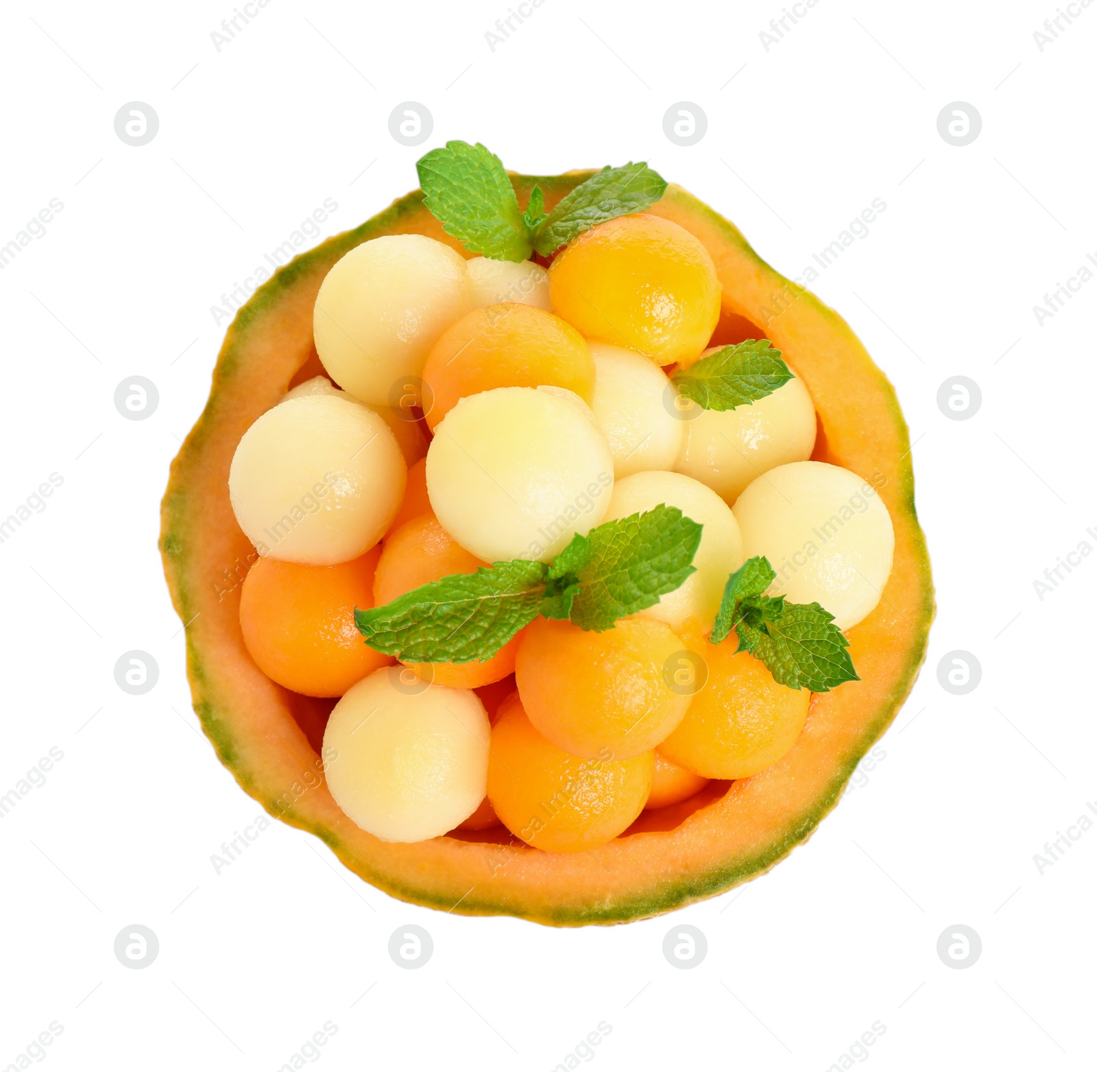 Photo of Different melon balls with mint on white background, top view