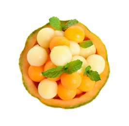 Photo of Different melon balls with mint on white background, top view