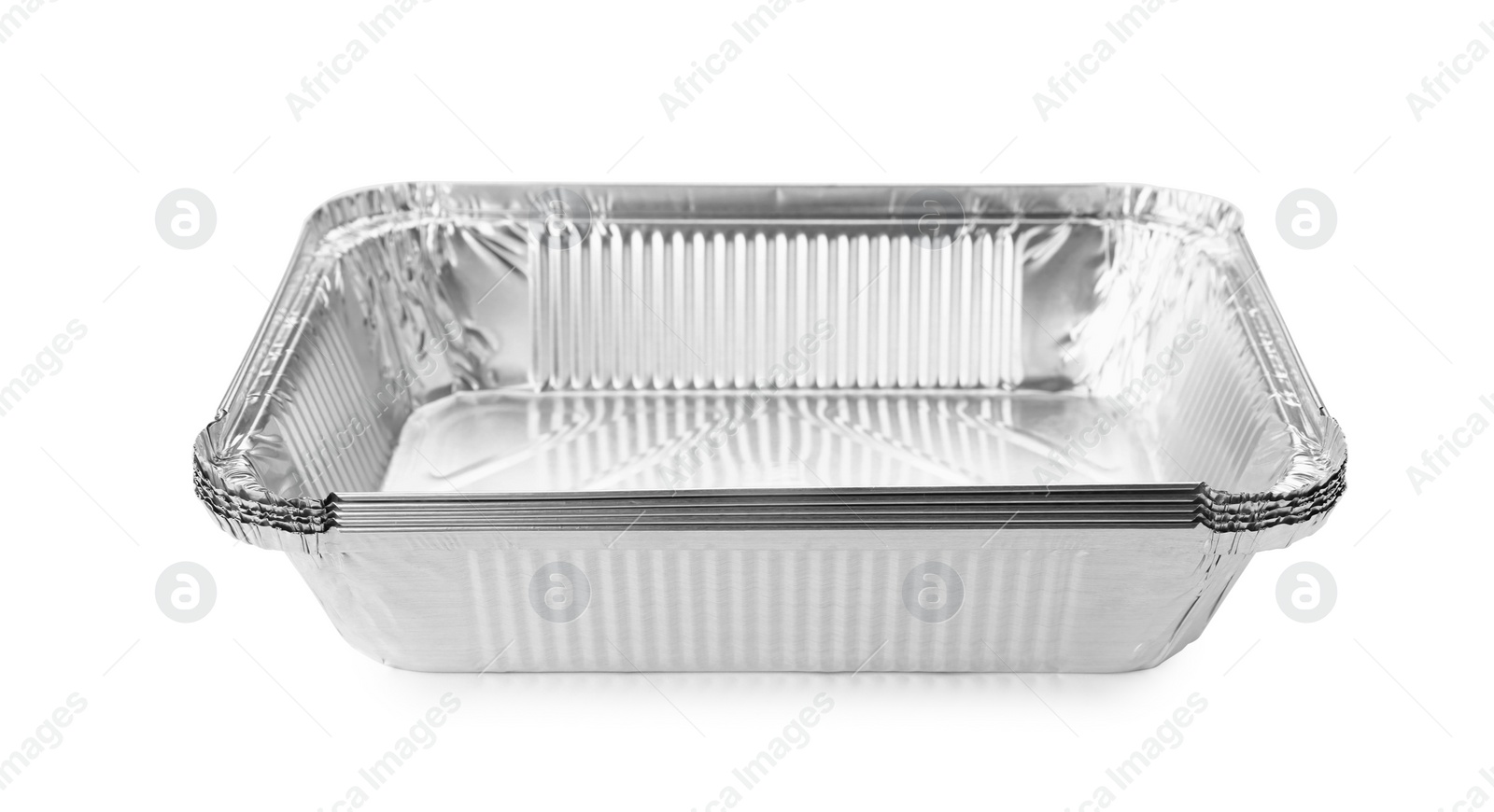 Photo of Stacked aluminum foil containers isolated on white