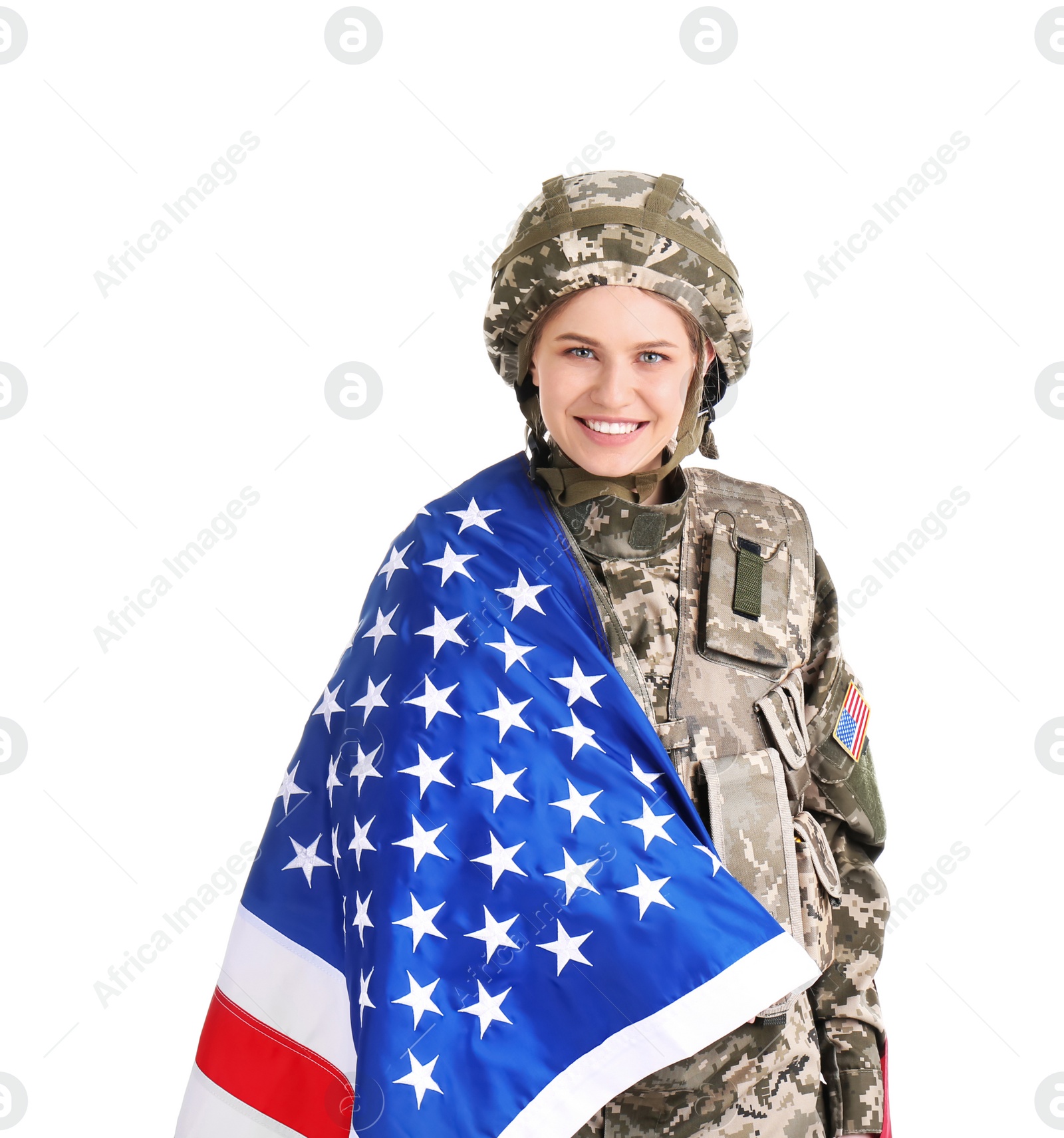 Photo of Female soldier with American flag on white background. Military service