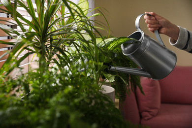 Photo of Woman watering plants near window at home, closeup