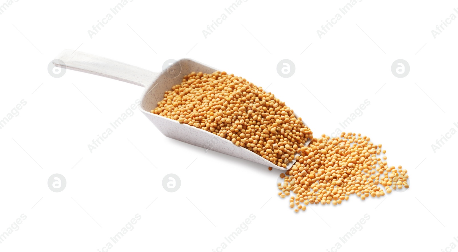 Photo of Scoop with mustard seeds on white background