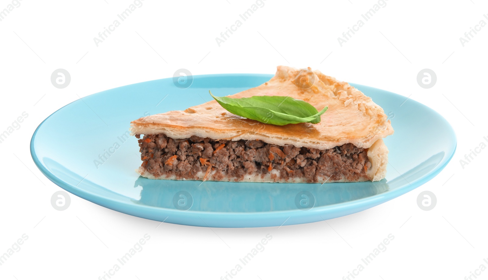 Photo of Piece of delicious pie with minced meat and basil isolated on white