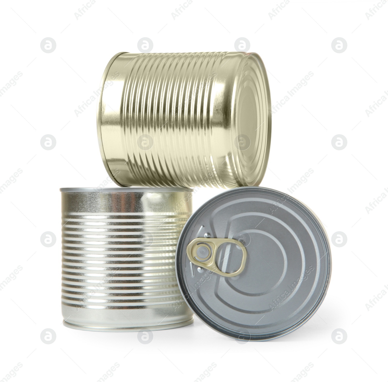 Photo of Closed tin cans isolated on white, mockup for design