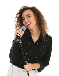 Photo of Curly African-American woman posing with microphone on white background