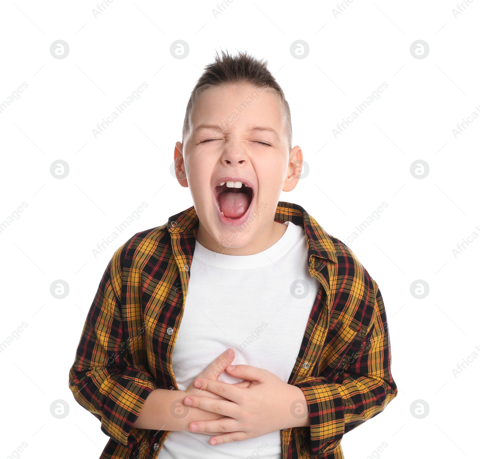 Photo of Portrait of emotional little boy on white background