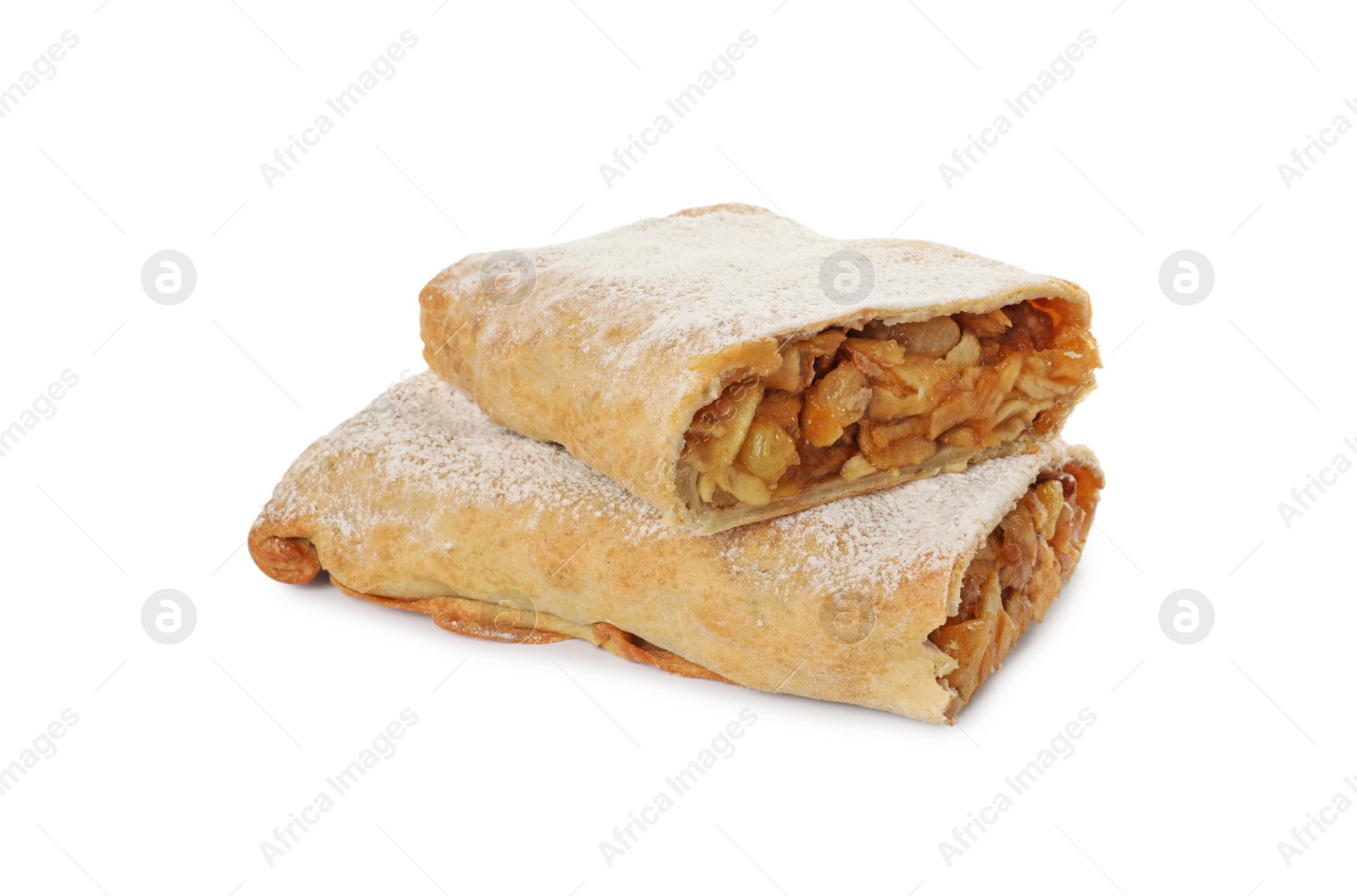 Photo of Delicious cut strudel with apples, nuts and raisins isolated on white