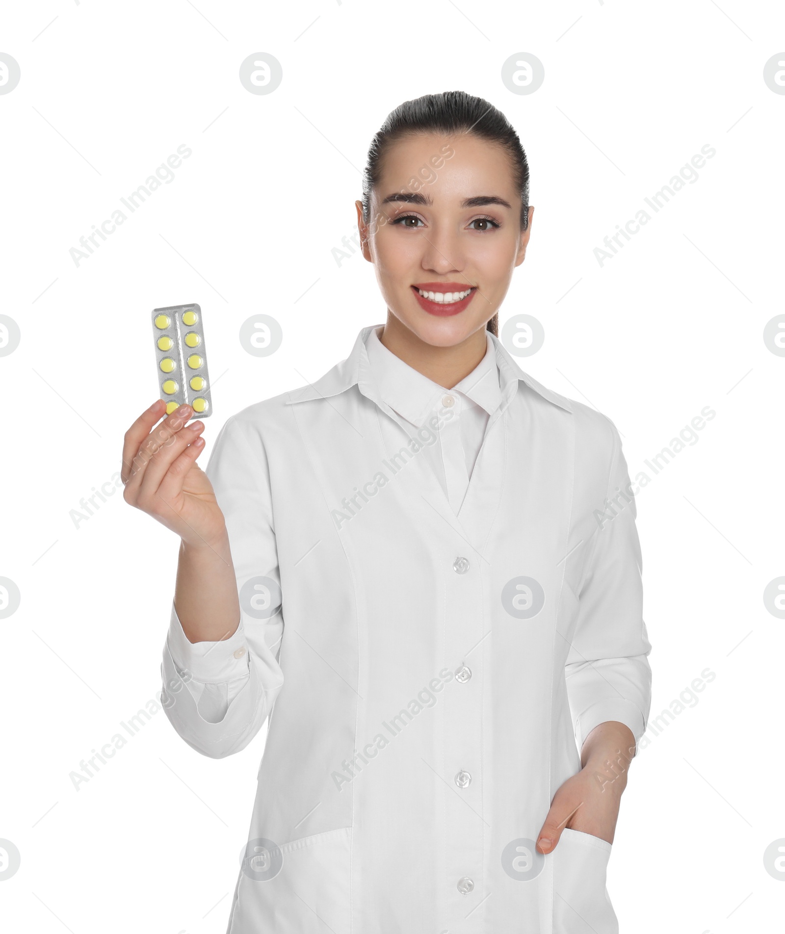 Photo of Professional pharmacist with pills on white background