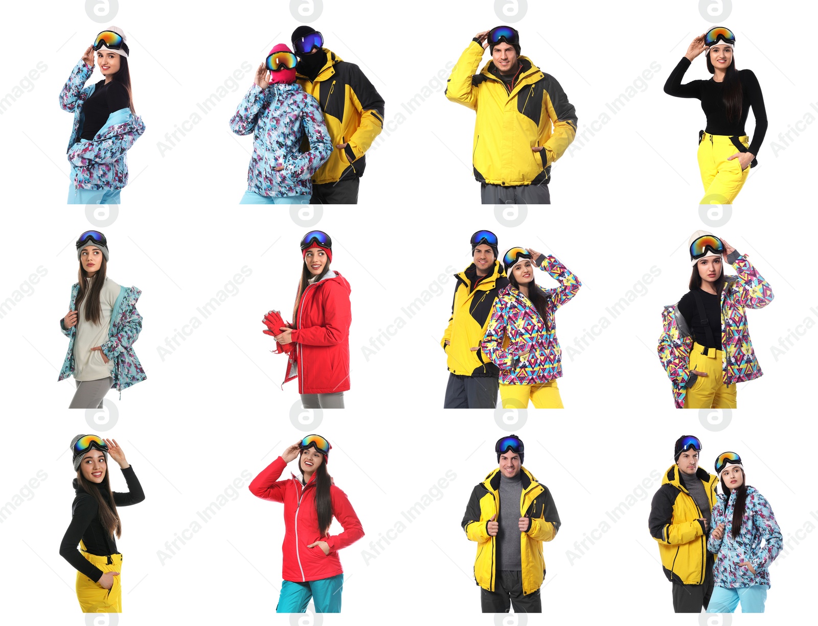 Image of Collage of people wearing winter sports clothes on white background