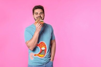 Improper nutrition can lead to heartburn or other gastrointestinal problems. Man eating pizza on pink background. Illustration of stomach with erupting volcano as acid indigestion