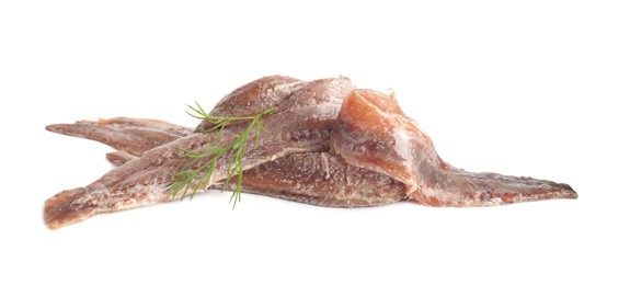 Photo of Heap of delicious anchovy fillets and dill on white background