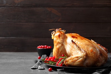 Photo of Delicious turkey and cranberry on grey background, space for text. Happy Thanksgiving day