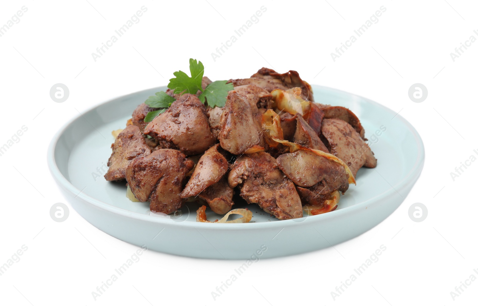 Photo of Tasty fried chicken liver with onion and parsley isolated on white