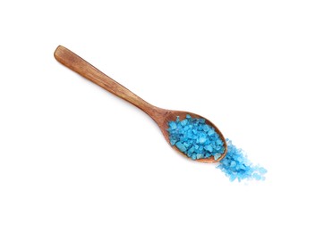 Photo of Spoon with blue sea salt isolated on white, top view