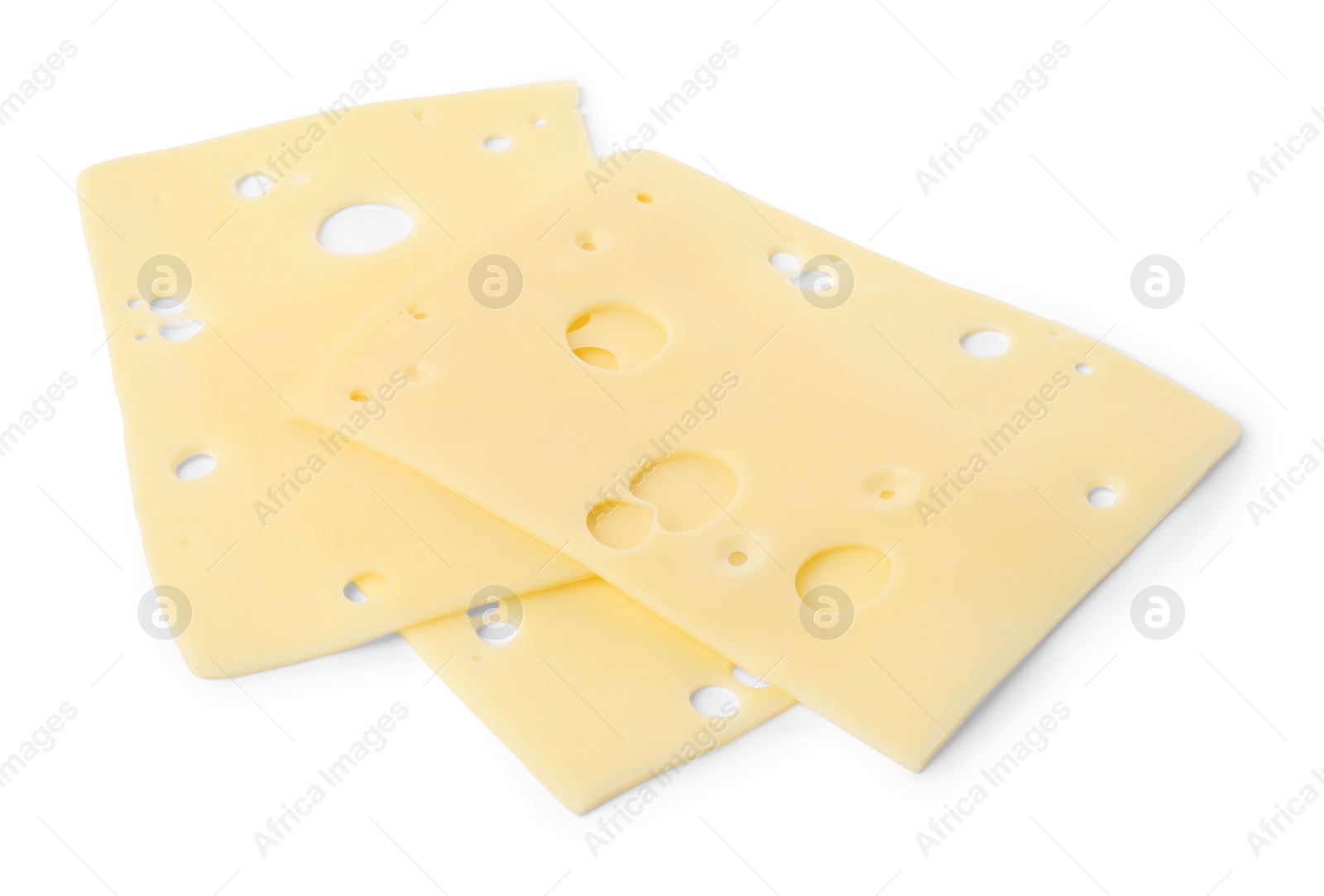 Photo of Slices of tasty fresh cheese isolated on white, above view