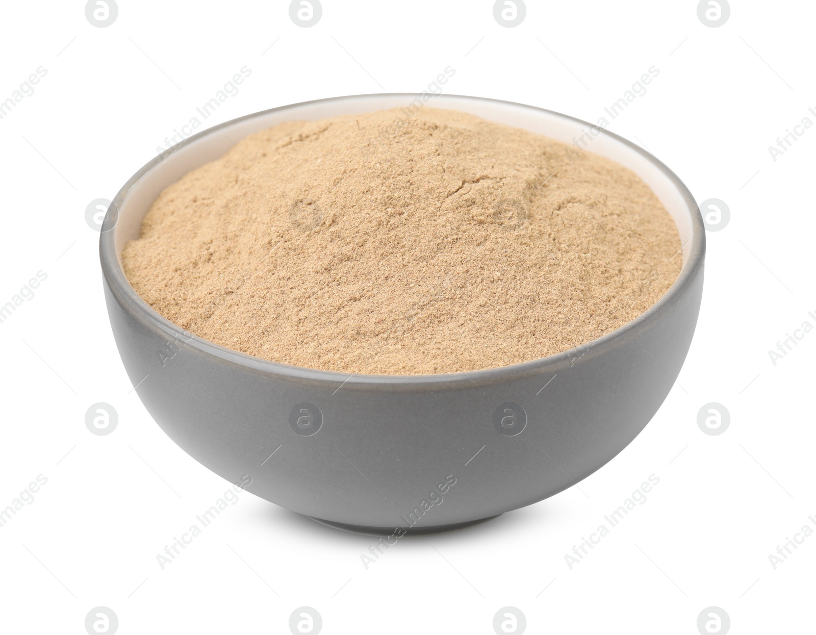 Photo of Dietary fiber. Psyllium husk powder in bowl isolated on white