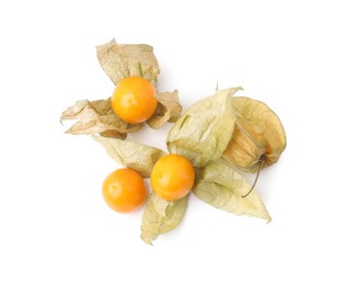 Many ripe physalis fruits with calyxes isolated on white, top view