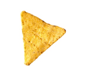 Tasty Mexican nacho chip on white background