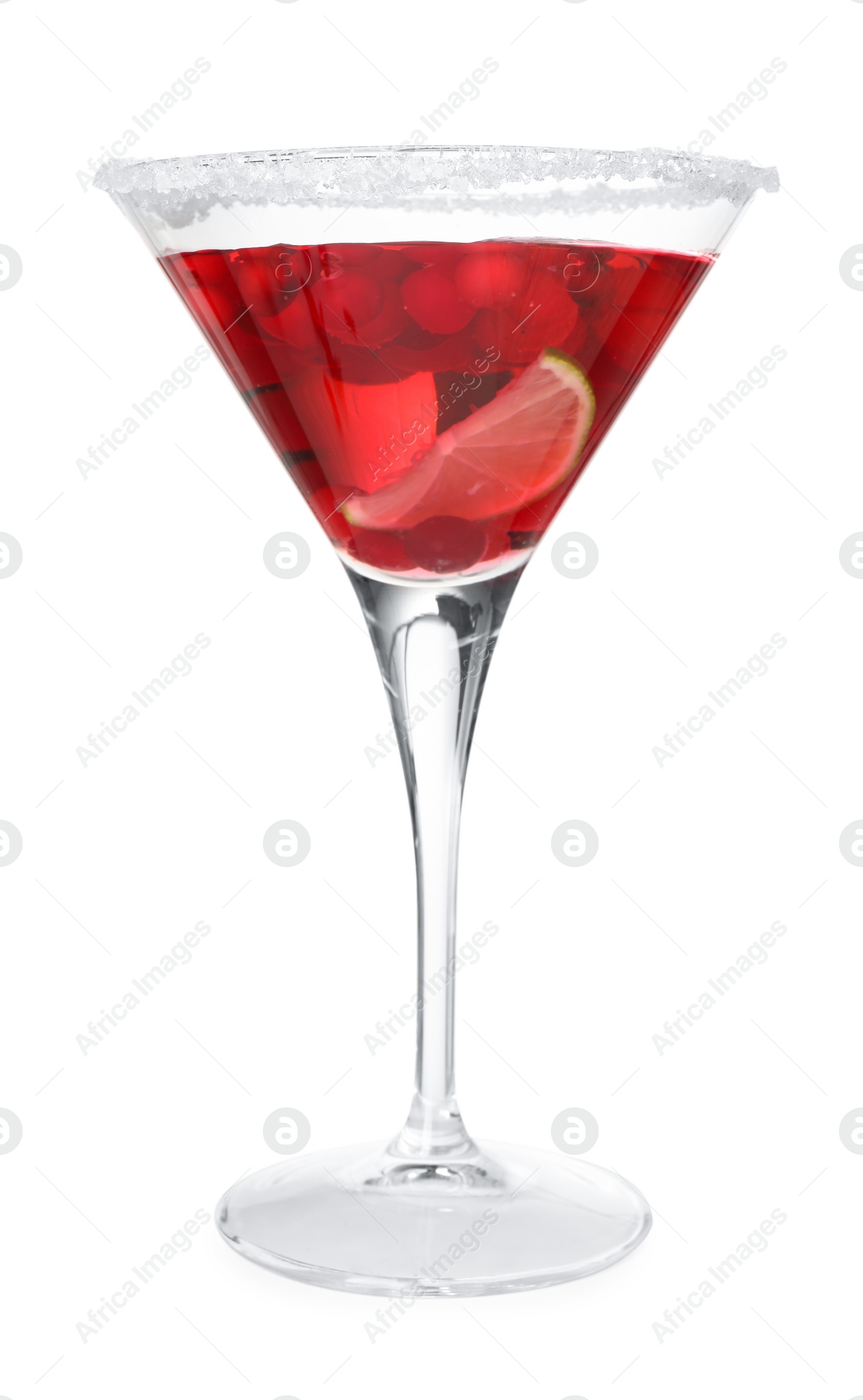 Photo of Tasty cranberry cocktail with lime and sugar in glass isolated on white