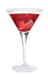Photo of Tasty cranberry cocktail with lime and sugar in glass isolated on white