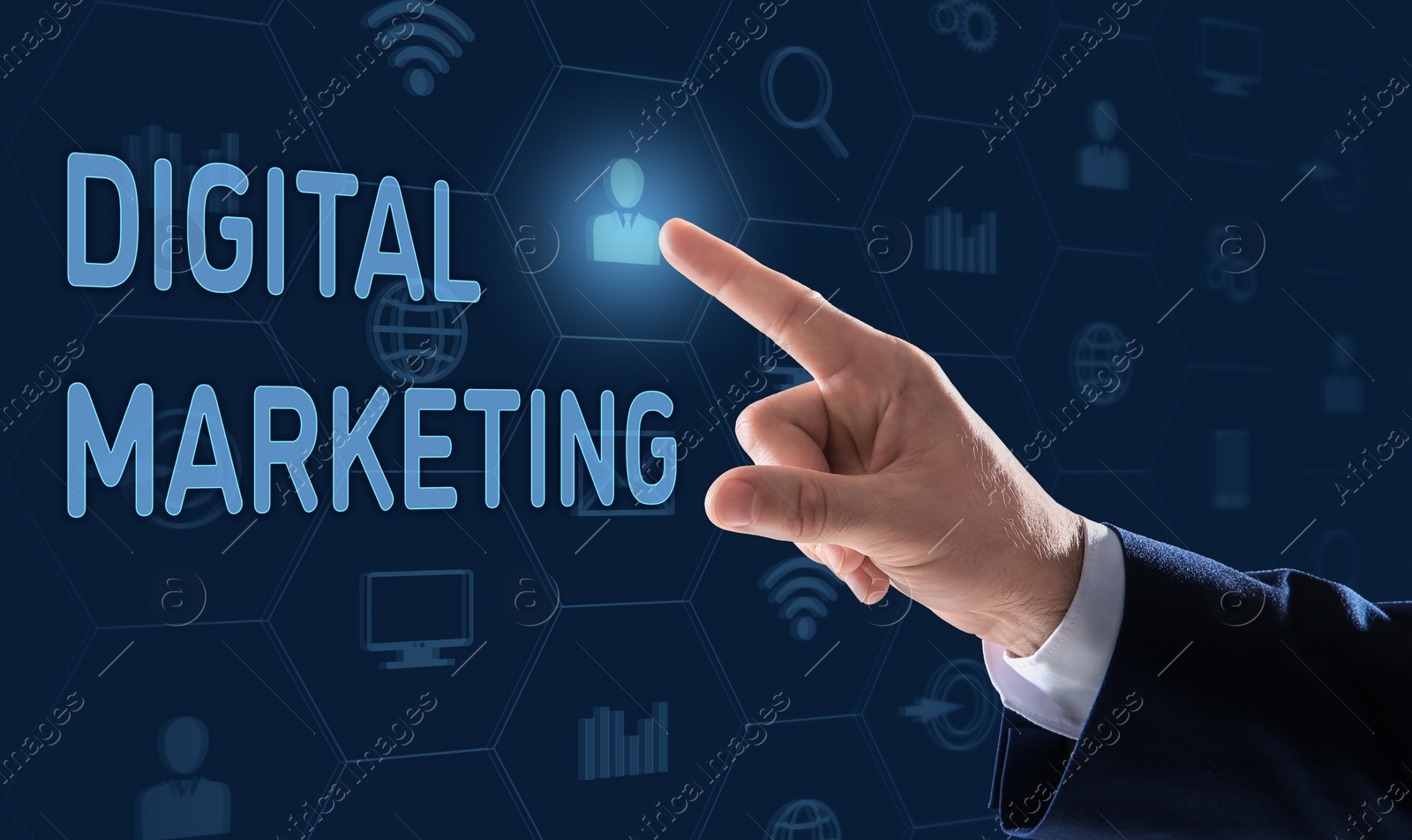 Image of Digital marketing. Businessman touching virtual screen with icons, closeup. Banner design