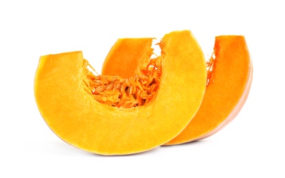 Photo of Pieces of ripe orange pumpkin on white background