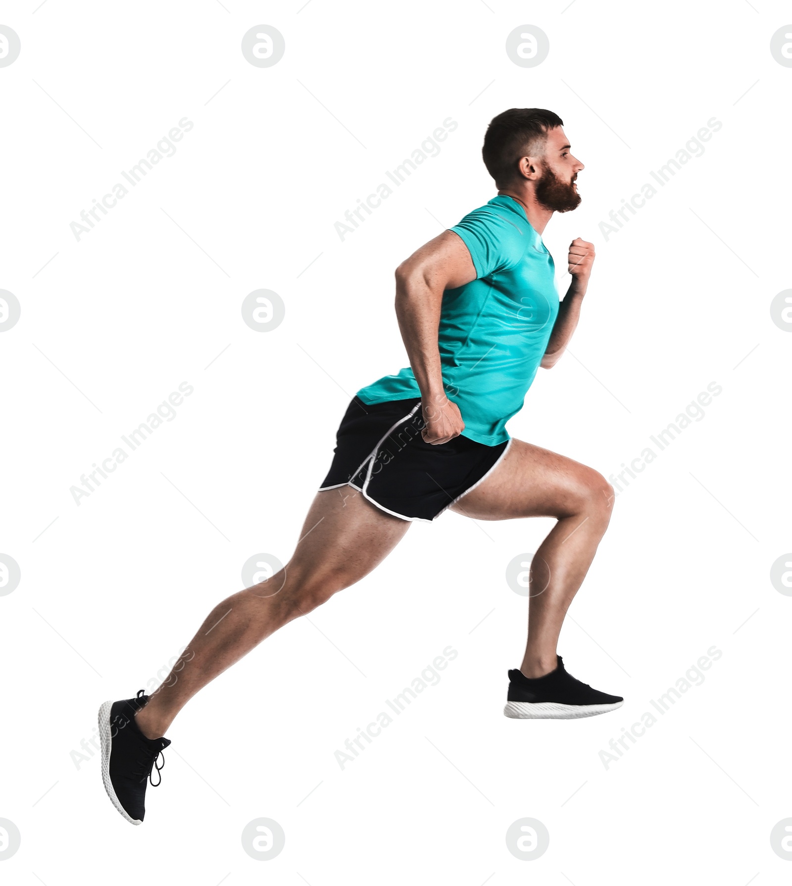 Photo of Young man in sportswear running on white background