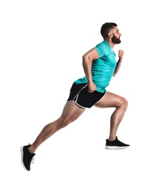 Photo of Young man in sportswear running on white background