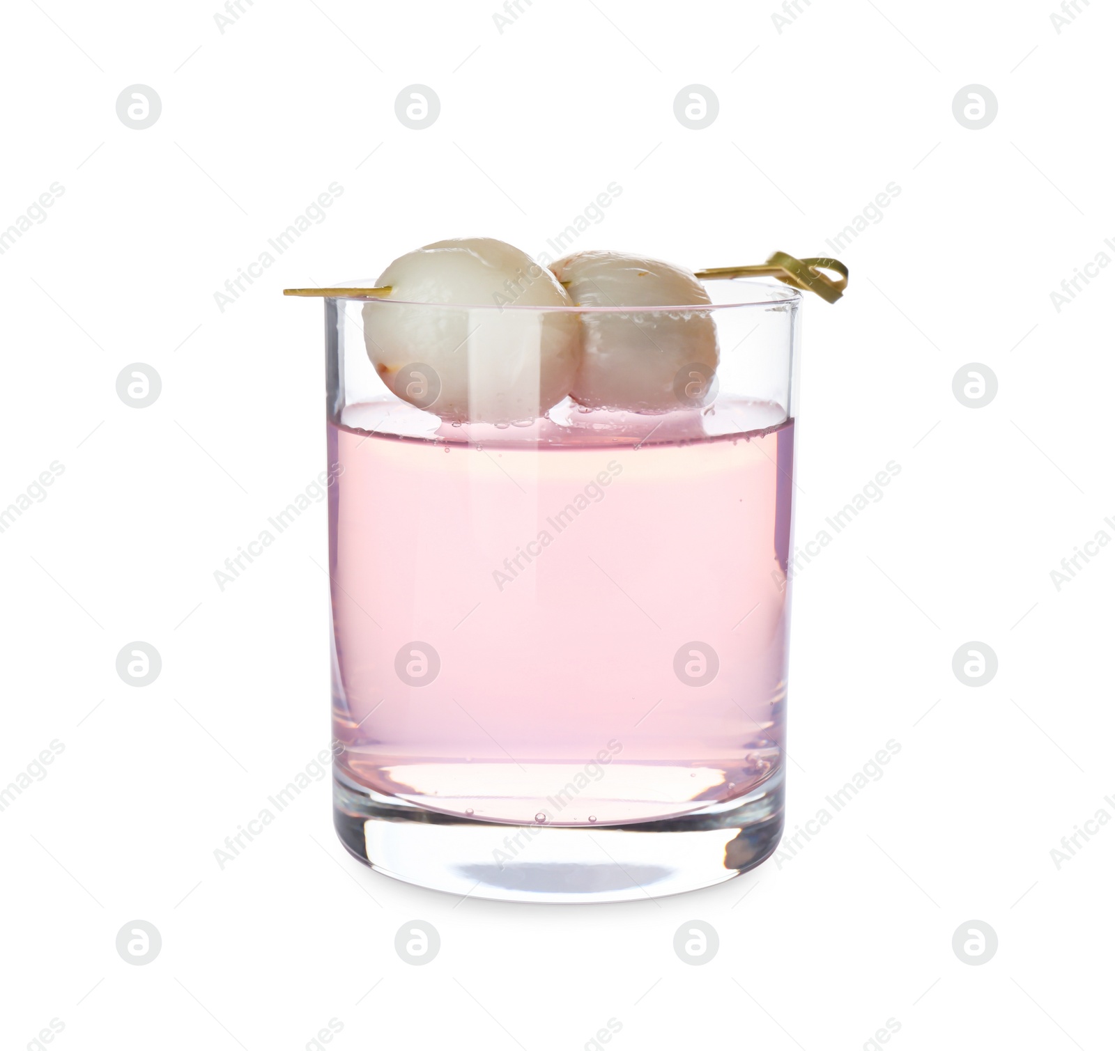 Photo of Lychee cocktail with fresh fruits isolated on white