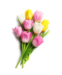 Photo of Beautiful spring tulips on white background, top view. International Women's Day