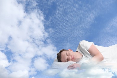 Image of Man sleeping on orthopedic pillow against blue sky, space for text