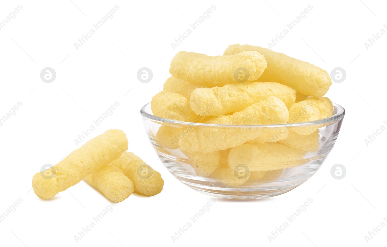 Photo of Glass bowl with sweet corn sticks isolated on white