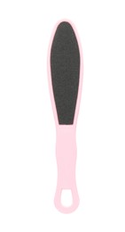 Photo of Pink foot file on white background, top view. Pedicure tool