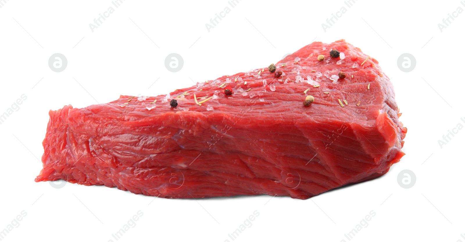 Photo of Fresh raw beef cut with spices isolated on white