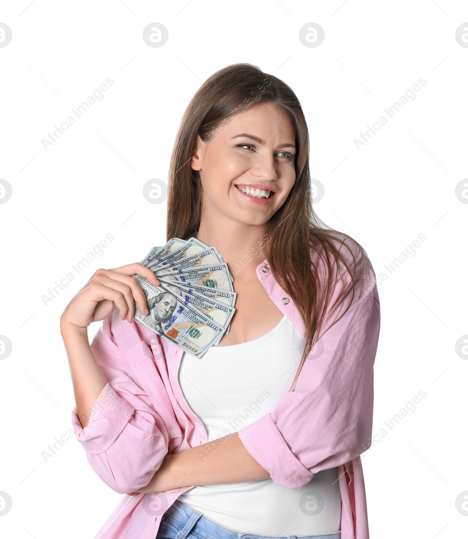 Photo of Portrait of happy young woman with money on white background