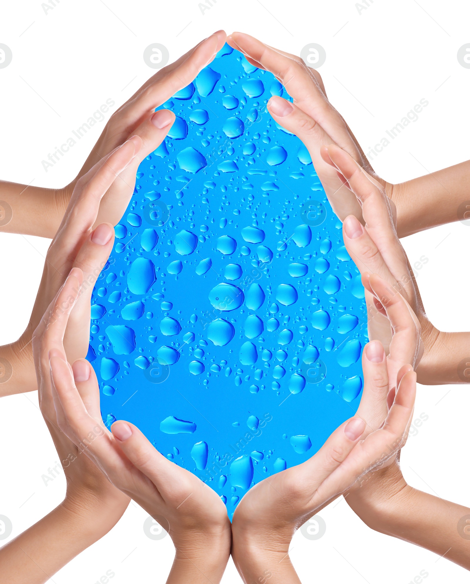 Image of Women forming water drop with their hands on white background. Ecology protection