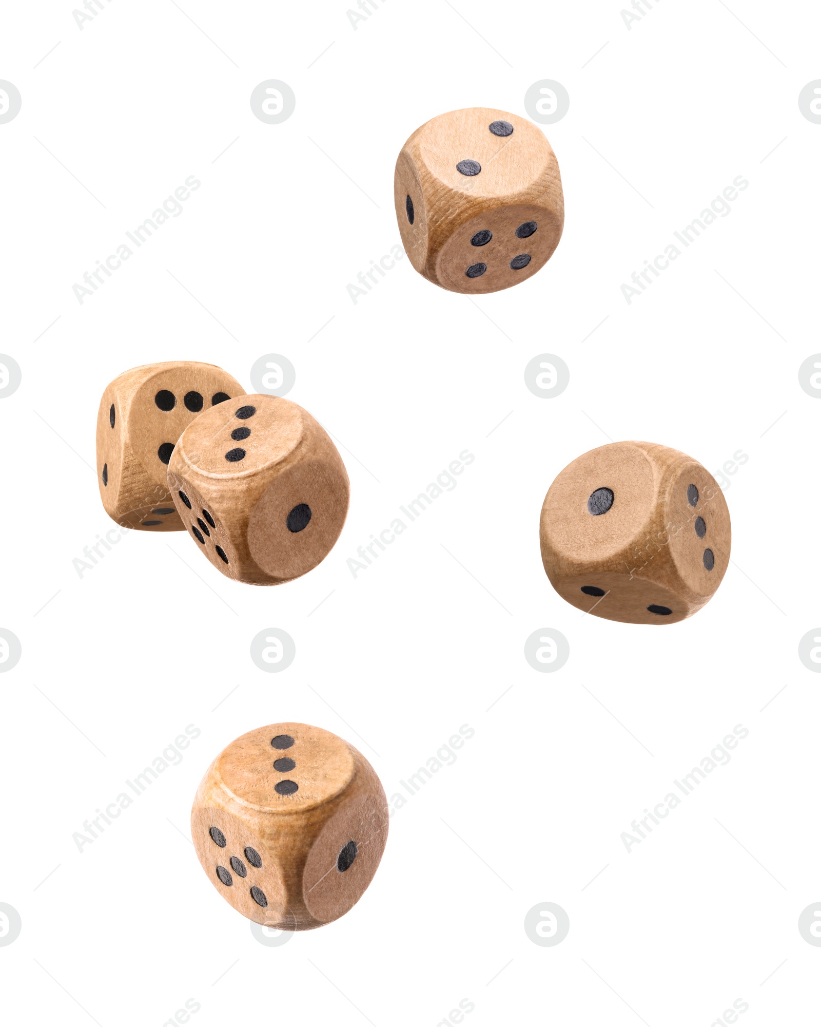 Image of Five wooden dice in air on white background