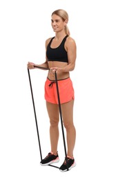 Photo of Woman exercising with elastic resistance band on white background