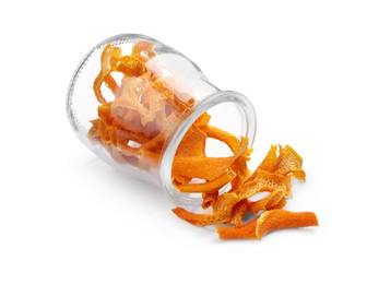 Photo of Overturned glass jar with dry orange peels on white background