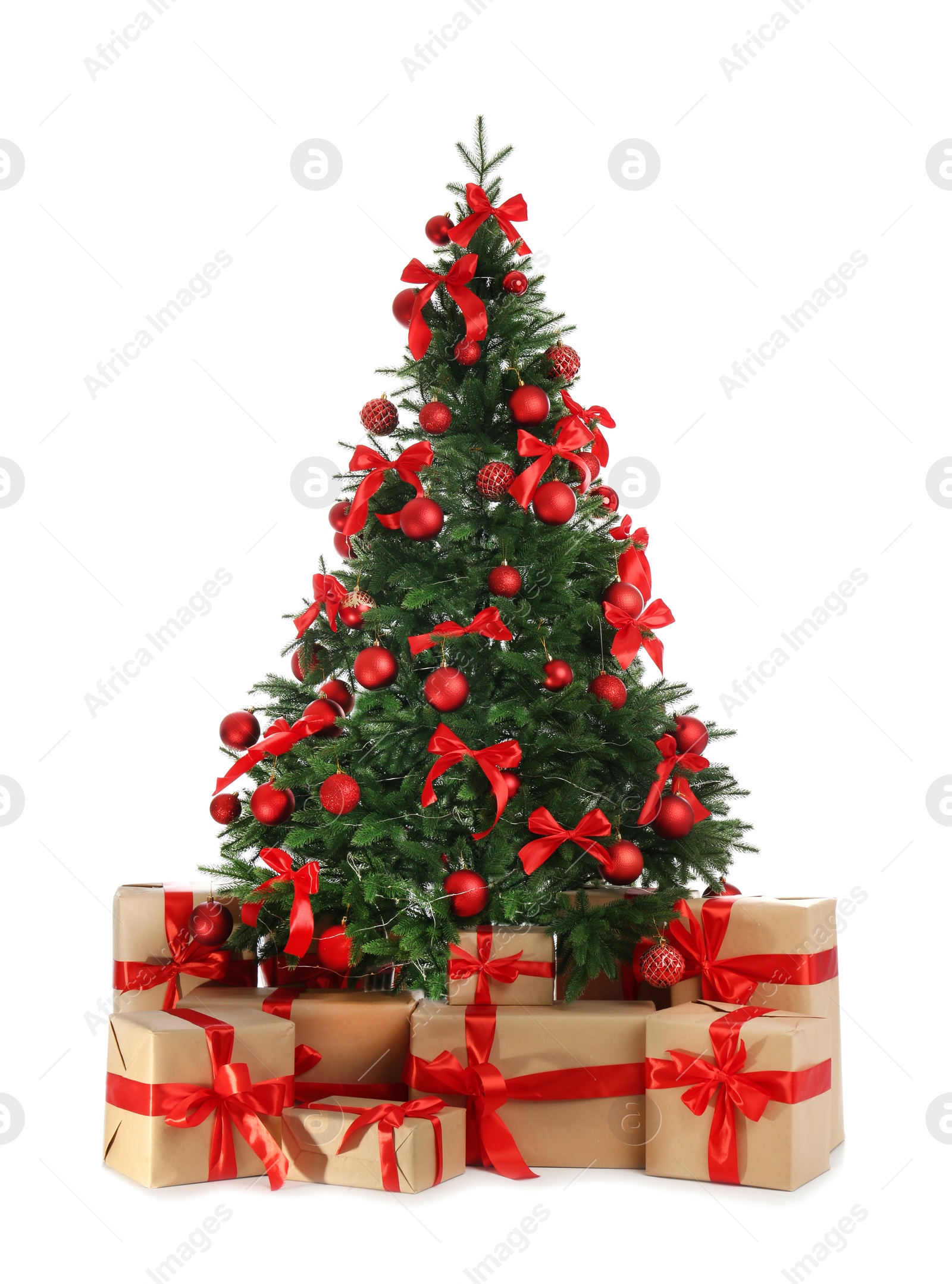 Image of Beautifully decorated Christmas tree and gifts on white background