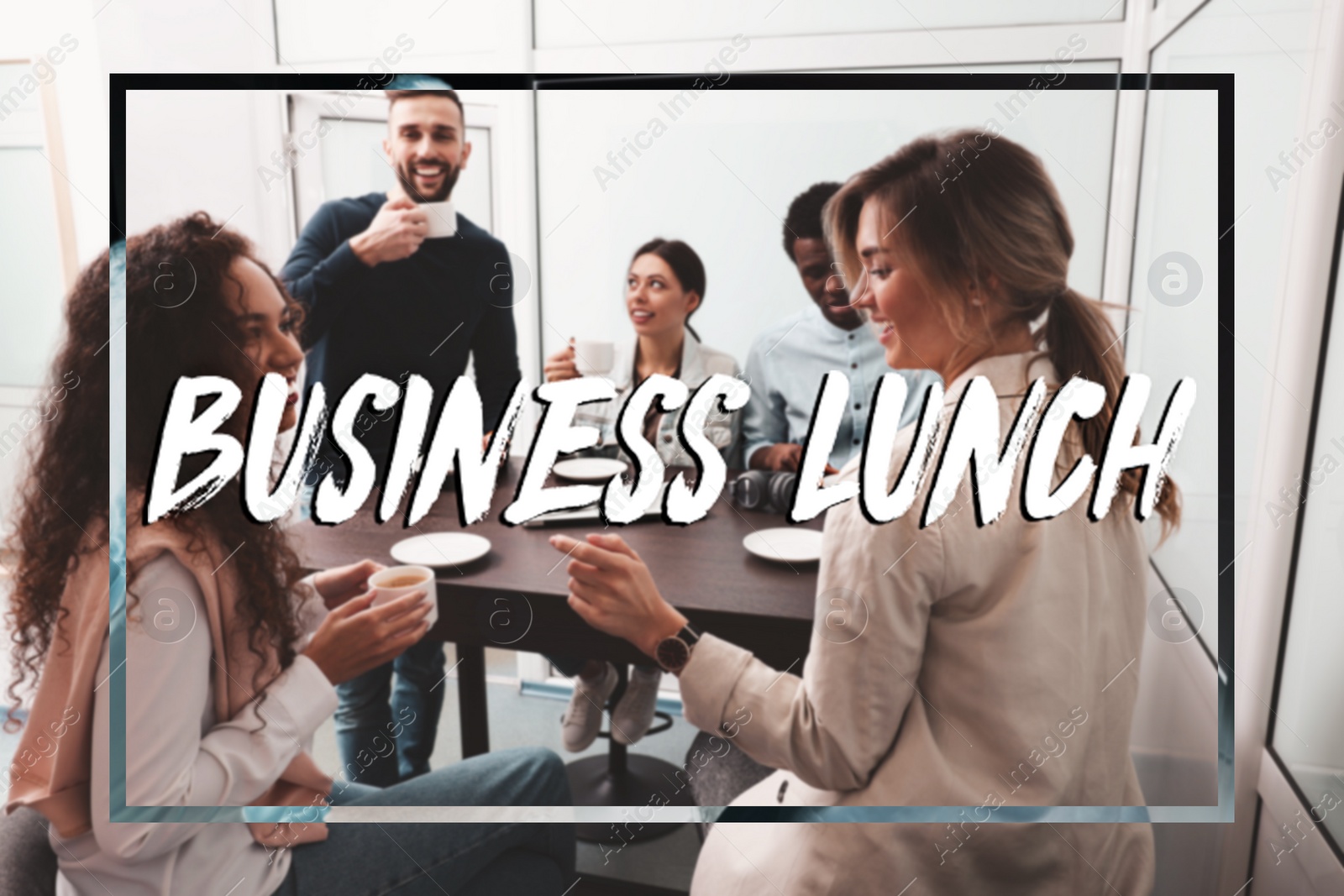 Image of Team of employees enjoying coffee break together in office. Business lunch