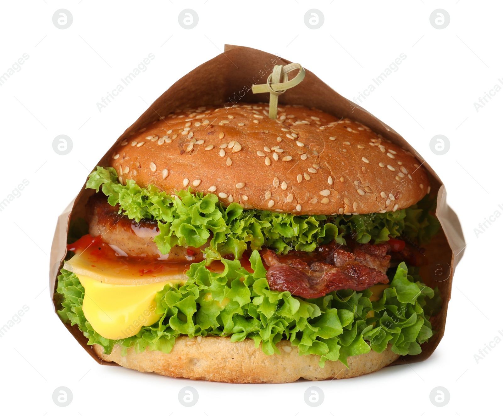 Photo of Fresh burger in craft paper on white background