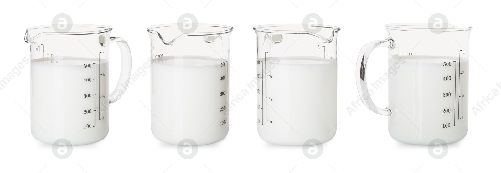 Image of Fresh milk in measuring cup isolated on white, set