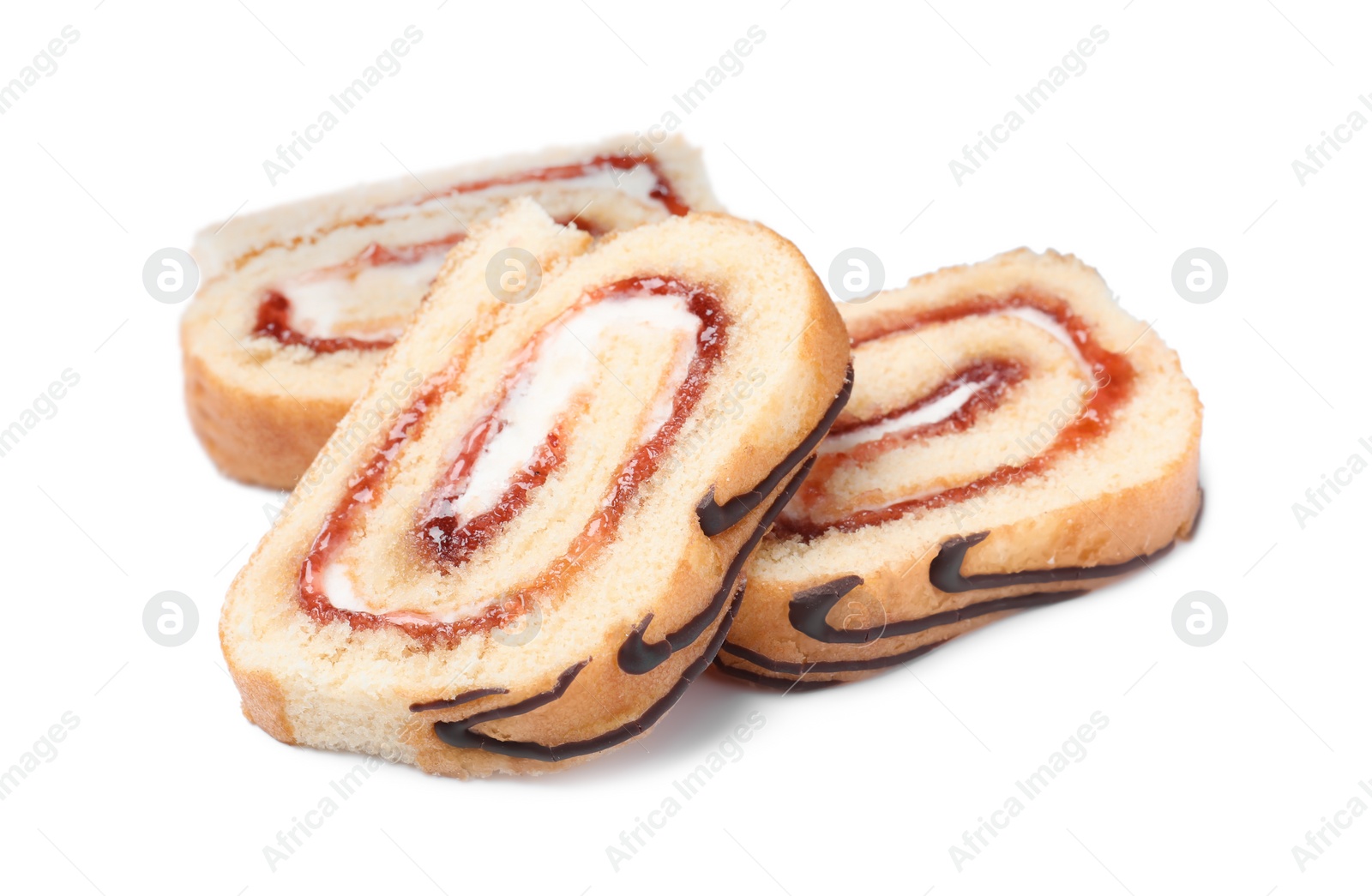 Photo of Slices of tasty cake roll with cream and jam on white background