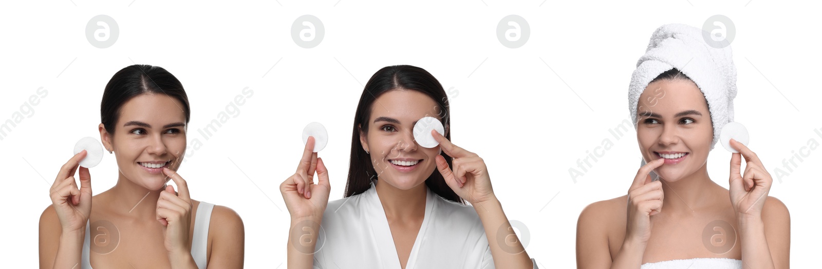 Image of Beautiful woman with cotton pads on white background, set of photos