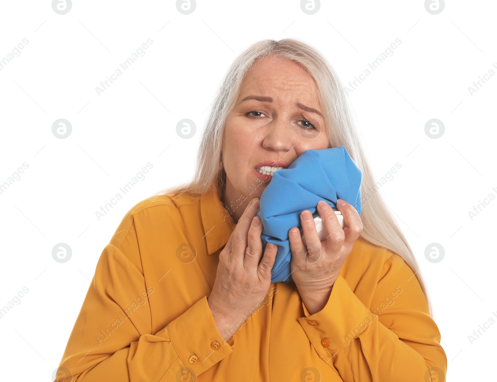 Photo of Mature woman suffering from toothache on white background